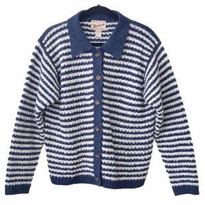Woolrich Blue White Wool Blend Stripe Knit Cardigan Sweater Medium